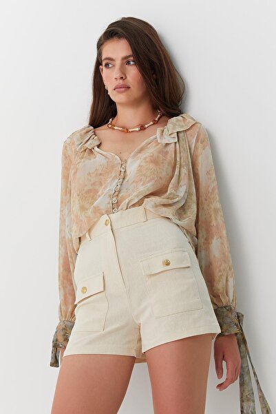MARKALİSTE Yüksek Bel Düğme Detaylı Keten Şort Bej