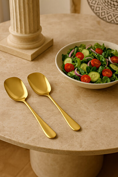 Anadolu Saray Stainless Gold Steel Practical 2 Pcs Luxury Serving Spoon - Salad and Dinner Set 21cm