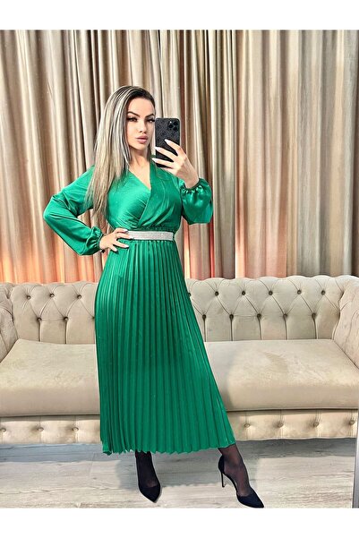 Intisimo Σατέν Φόρεμα, Πλισέ, Πολυτελείας, Κορδόνι στη Μέση με Κρύσταλλα, Πρά...