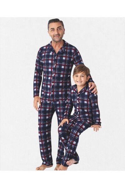 Fil Kids Father-Son Pajamas Set Cotton Fabric Navy Blue Plaid Pattern Shirt Collar Buttoned Across the Body