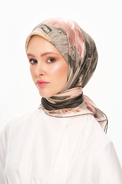 MOISCARF Fleur De Ciel Square Patterned Scarf Khaki