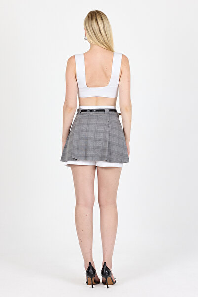 Eco Sense Gray Plaid Patterned Skirt Shorts with Black Shiny Belt, Pleated and Elastic Detail