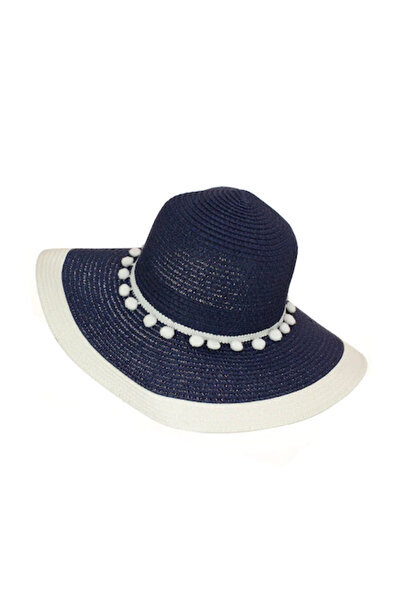 Intisimo Pălărie de plajă, damă, accesorizată cu ciucuri, bleumarin/alb