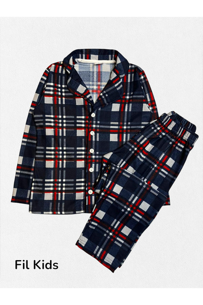 Fil Kids Father-Son Pajamas Set Cotton Fabric Navy Blue Plaid Pattern Shirt Collar Buttoned Across the Body