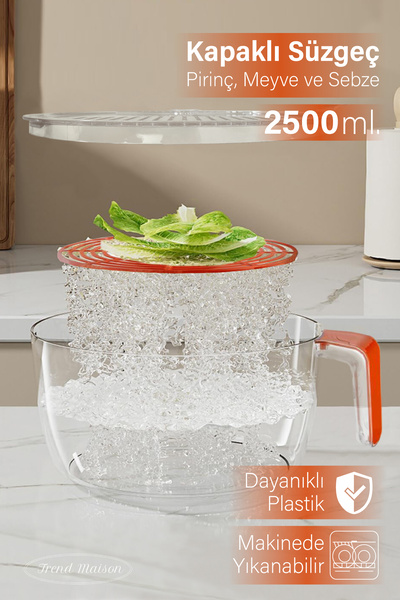 Trend Maison Polycarbonate Unbreakable Vegetable Fruit Rice Strainer with Transparent Lid Orange