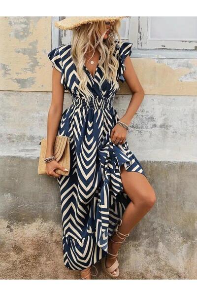 Asil Acar Home Дамска рокля от Джърси с къс ръкав и двуредно закопчаване с волани