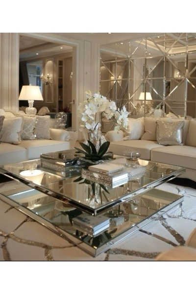 LUXURY VİLLA LUXURY KOMPLE GÜMÜŞ AYNALI TEKERLEKLİ ORTA SEHPA 90X90 YÜKSEKLİK 38CM