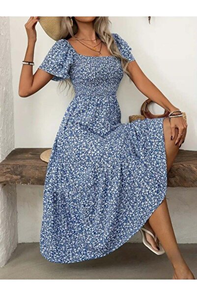 BY ELİZE Γυναικείο κοντομάνικο φόρεμα Gipe με λεπτομέρεια με μοτίβο Midi Sing...