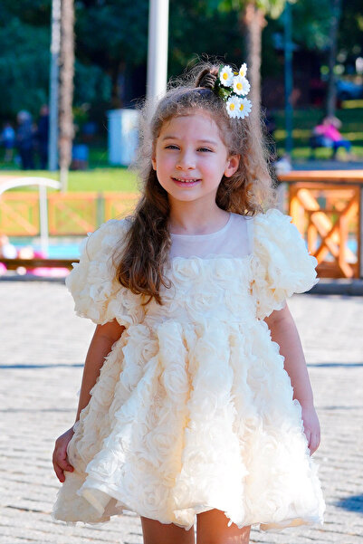 melek golden Girls' Evening Dress - Embossed Rose Pattern, Fluffy Princess Model, Birthday & Wedding