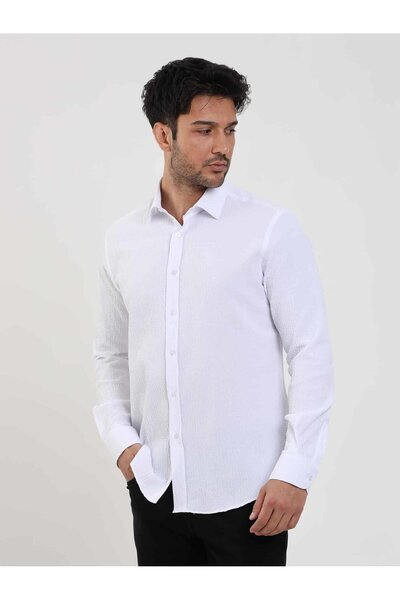 Dufy Beyaz Erkek Slim Fit Gofre Desenli Brent Yaka Uzun Kol Gömlek