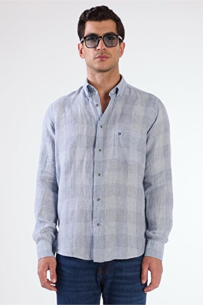 Dufy Mavi Erkek Regular Fit Kareli Düğmeli Yaka Uzun Kol Keten Gömlek