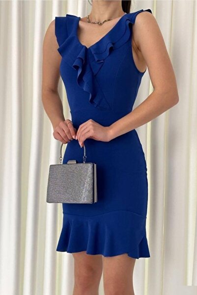 vuvutasarım Kadın Saks Mavi Esnek Krep Kumaş Volan Detaylı Mini Abiye Elbise 117