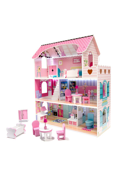 indiggo Indiggo® Wooden Dollhouse with LED, 3 Levels, 5 Rooms, Furniture and Terrace, 70cm