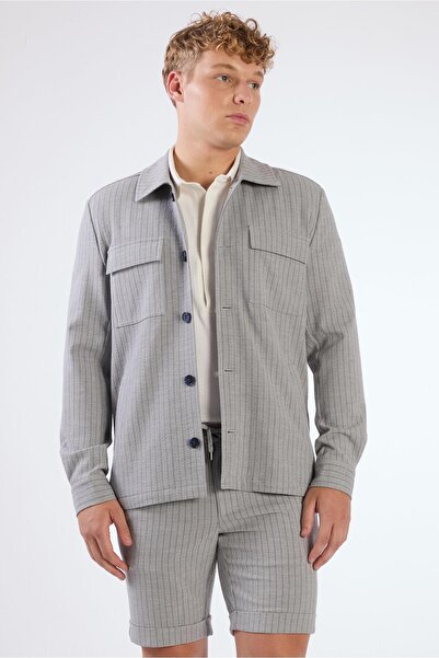 Dufy Gri Erkek Regular Fit Çizgili Brent Yaka Overshirt