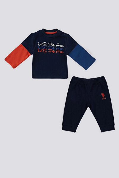 U.S. Polo Assn. طقم أطفال مكون من قطعتين بتفاصيل ذراع مزخرفة باللون الأزرق ال...