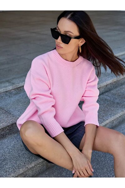 COMBİNE MİCHAİL Pink Crew Neck Oversize Knitwear Sweater