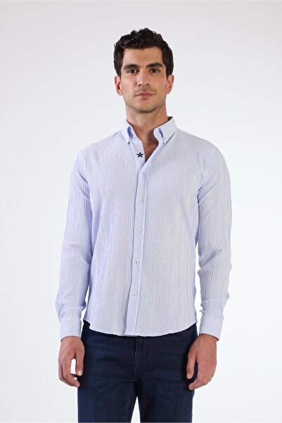 Dufy Açık Mavi Erkek Slim Fit Gofre Desenli Düğmeli Yaka Uzun Kol Gömlek