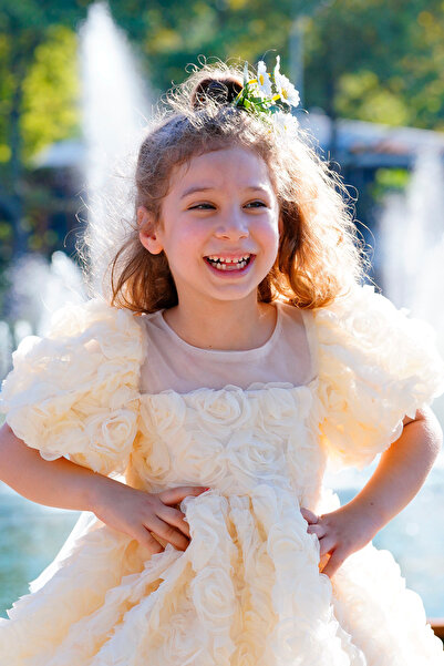 melek golden Girls' Evening Dress - Embossed Rose Pattern, Fluffy Princess Model, Birthday & Wedding