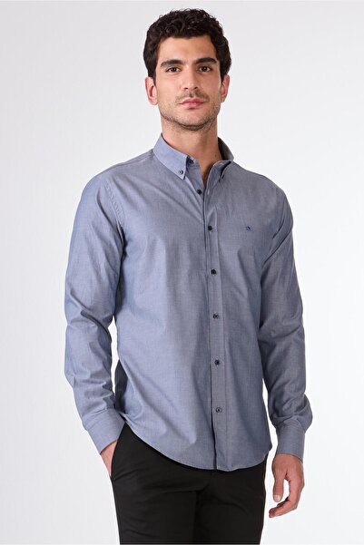 Dufy Açık Lacivert Erkek Regular Fit Melanj Desenli Düğmeli Yaka Uzun Kol Gömlek