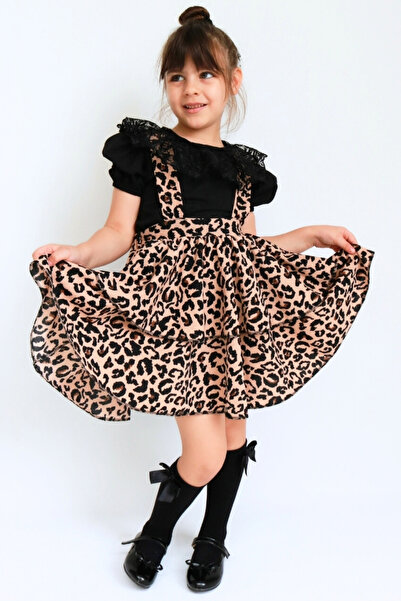 Parla Kids Girl - Helen Leopard Print Black Lace Gilet 29 October Dress and Short Sleeve Blouse Evening Dress Set