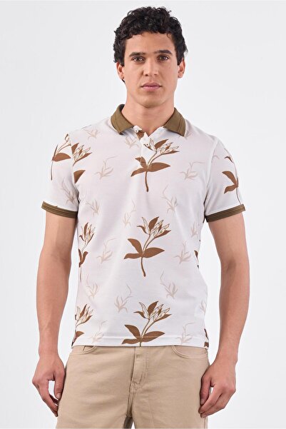 Dufy Kahverengi Erkek Slim Fit Çiçek Desenli Casual Polo Yaka T-shirt