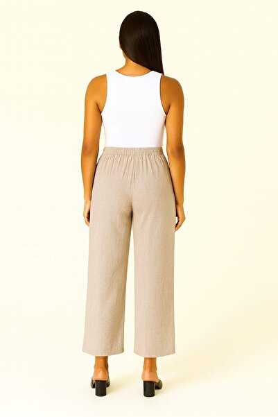 enmodaiçgiyim Stone Color 100% Cotton Muslin Fabric Wide Leg Comfortable Fit Women's Trousers with Two Pockets