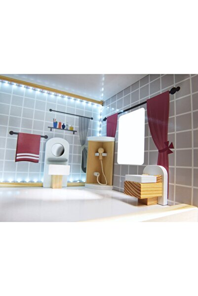 indiggo Dream House Wooden Dollhouse with LED, 3 Levels, 4 Rooms, Furniture and Terrace 78cm