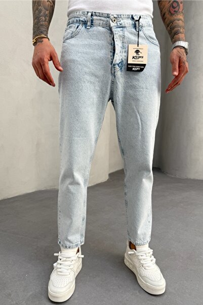 MADZEYMODA Boyfriend Mold pentru bărbați, țesătură din denim, spălat cu zăpadă, pantaloni de blugi albastru gheață KE-265