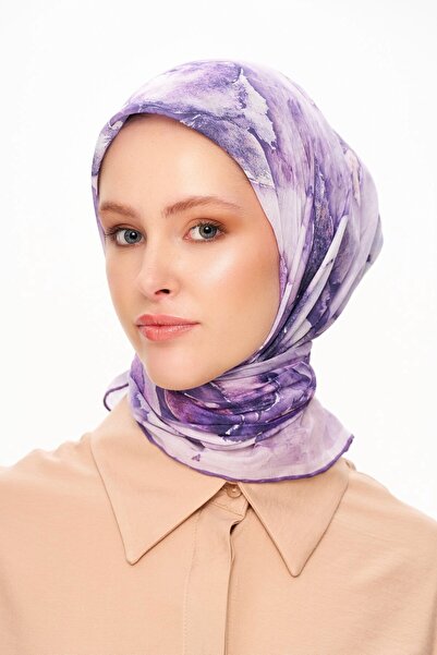 MOISCARF Eșarfă cu model de flori pătrate Fleur d'Ombre violet