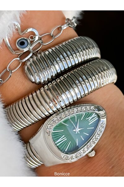 Bonicce Silver Lanyard in Gift Box,Green Dial,Snake Watch+Heart Bracelet