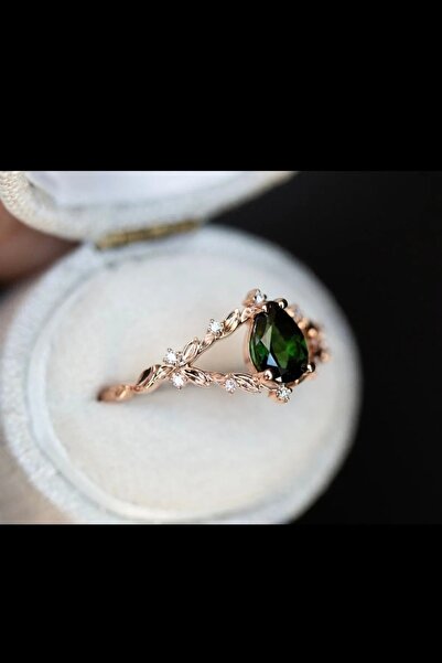 passion silver Zümrüt Oval Taşlı 14 Ayar Rose Altın Kaplama Kadın Yüzük