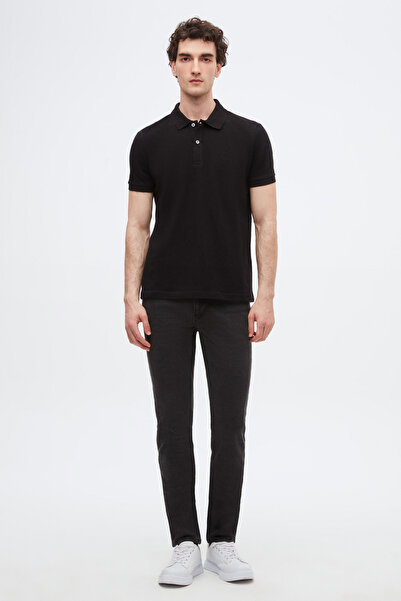 D'S Damat Normale Passform, schwarzes Piqué-T-Shirt aus 100 % Baumwolle mit unlackiertem Polokragen und Stickerei