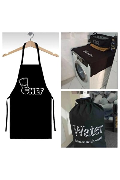 evimms - 3'ü Bir Arada Siyah Damacana Kılıfı &çamaşır Makinesi Örtüsü& Chef B...
