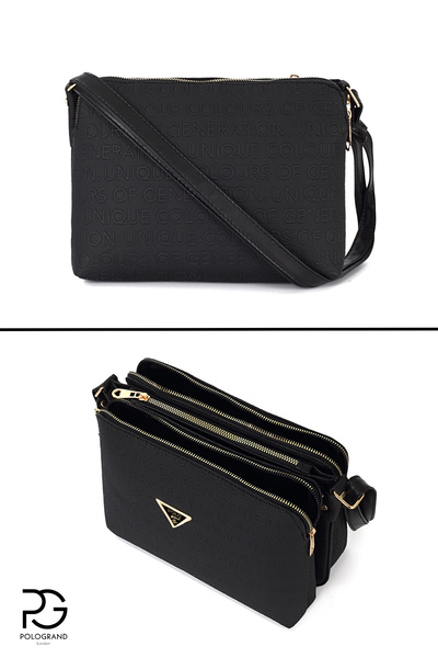 POLOGRAND London Originální dámská 3komorová luxusní měkká kožená stylová taška přes rameno s nastavitelným popruhem přes rameno černá