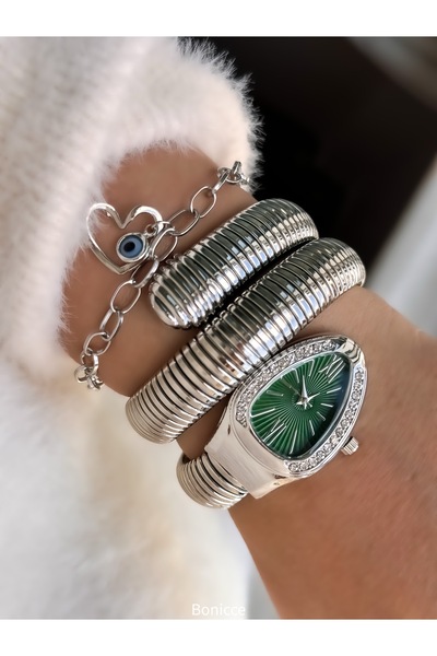 Bonicce Heart Bracelet with Green Dial and Snake Watch - Stones Silver Band