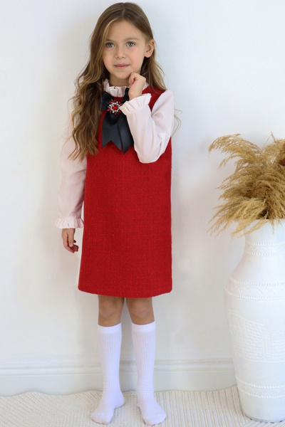 Parla Kids Girl's Vanessa Brooch Detailed Tweed Red Long Sleeve Christmas Dress