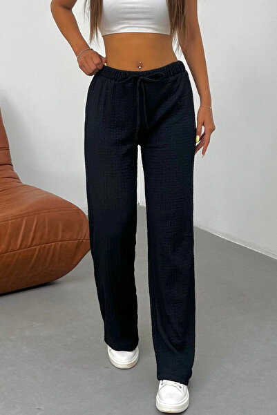 BİKELİFE Women's High Waist Wrinkled Detailed Seersucker Fabric Full Lycra/Flexible Trousers