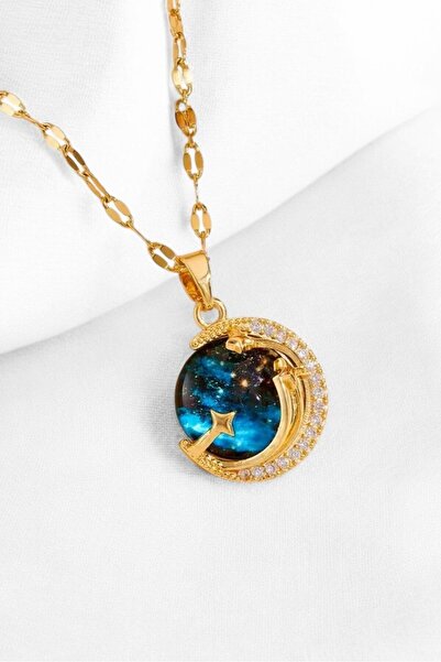 özgül takı ve tasarım Paslanmaz Çelik Zirkon Taşlı Yıldızlı Gezegen Kadın Kolye