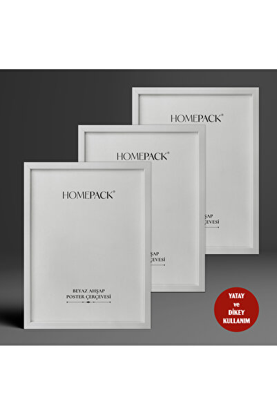 HOMEPACK Üç Parça Beyaz Ahşap Çerçeveli Poster Çerçevesi, Önü Korumalı Boş Çe...