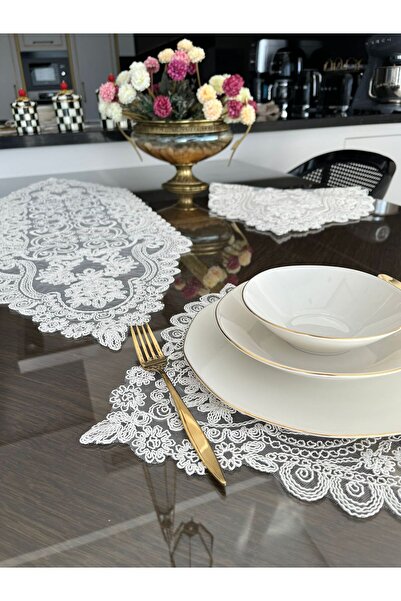 Tropikhome Amerikan Servis Nakışlı Supla Ve Runner Seti 6 Kişilik Kırık Beyaz 7 Parça Sunum Takımı