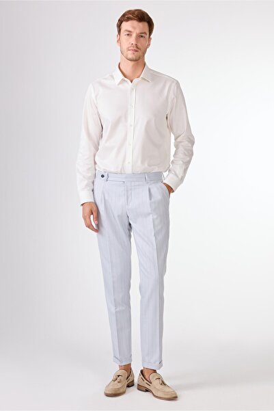 Dufy Mavi Erkek Slim Fit Çizgili Kruvaze Yaka Takım Elbise