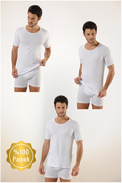 MODA Tricou pentru bărbați din bumbac, guler rotund bucăți, alb, cu nervuri