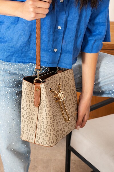 Just Polo Just & Polo Women's Mink Monogram Patterned Luxury Hand and Shoulder Bag with Adjustable Strap and Multiple Compartments