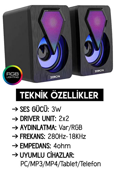 Zeiron ZN-100U Sound 2.0 Multimedia 3W*2 Siyah USB RGB Işıklı Gaming Speaker Hoparlör