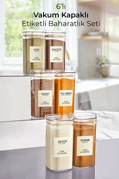 Kitchen Life 6-Piece Acrylic Vacuum Square Spice Bowl Set with Label 300 ML -...