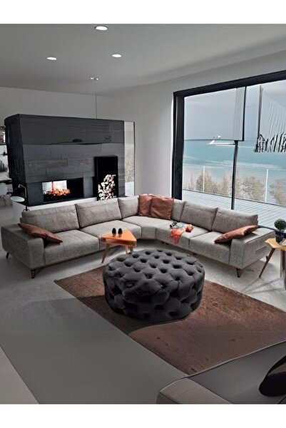 Gazzini Furniture Antrasit Yuvarlak Chester Model Kapitoneli Orta Puf