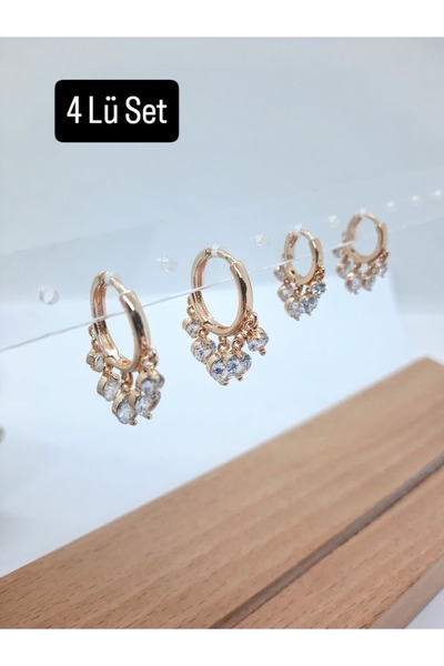 Yağmur ZİRKON TAŞLI 316 L GOLD ÇELİK KARARMAZ PASLANMAZ KÜPE 4 LÜ TAKIM PARILTILI ABİYE YENİ YIL YILBAŞI