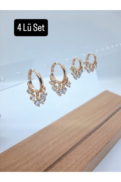 Yağmur ZİRKON TAŞLI 316 L GOLD ÇELİK KARARMAZ PASLANMAZ KÜPE 4 LÜ TAKIM PARILTILI ABİYE YENİ YIL YILBAŞI