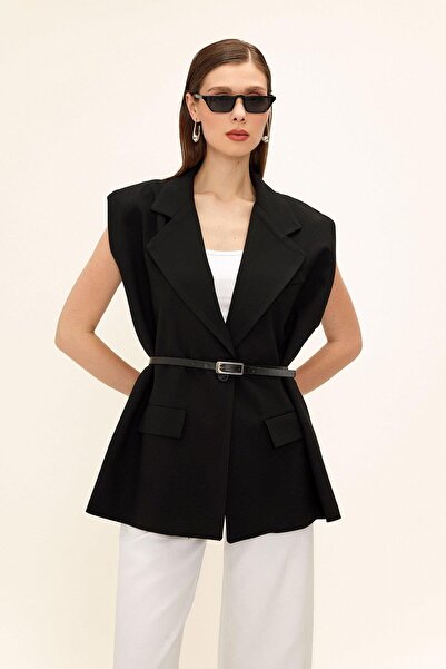 Olcay Belt Detailed Oversize Vest Black 8261