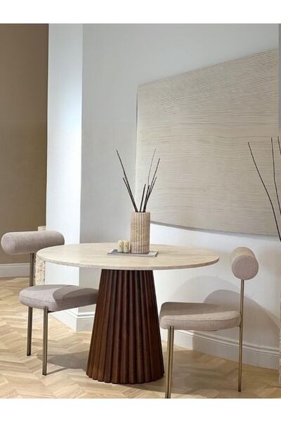 Gazzini Furniture Acantus Traverten Ahşap Yemek Masası 100x100